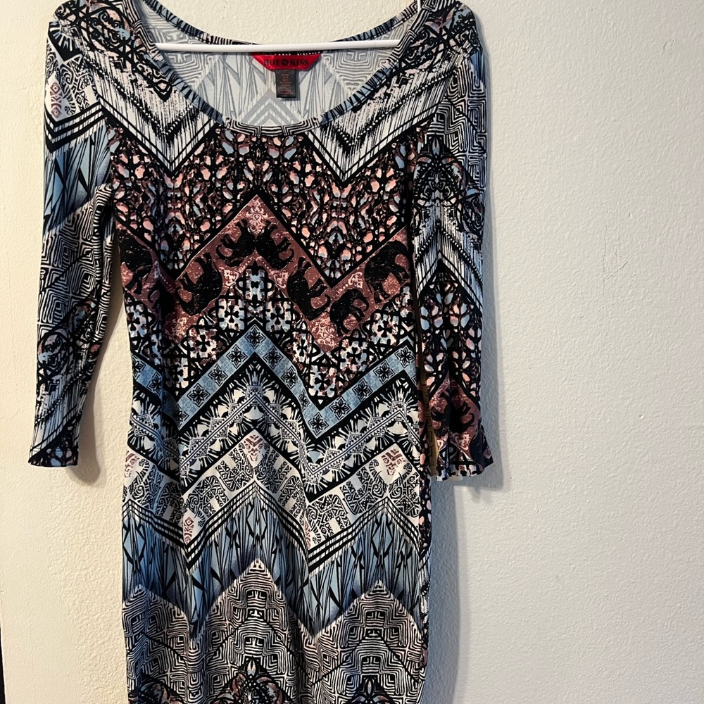 Hot Kiss Blue and Pink Geometric Long Sleeve Dress